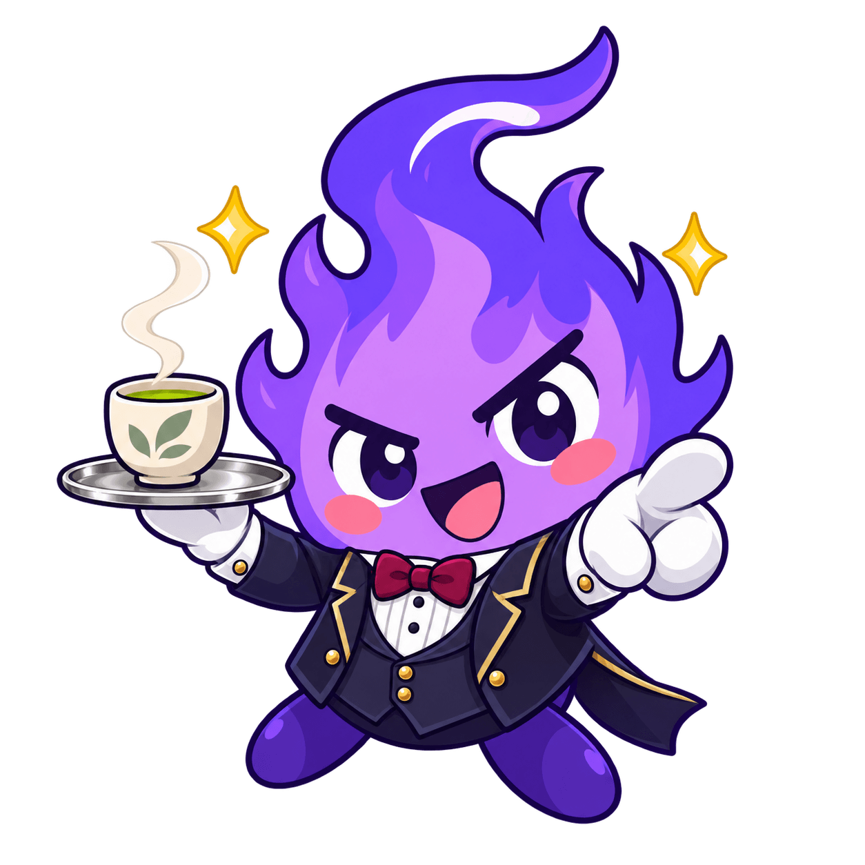 Butler Tomo offers a tray of tea and points invitingly toward you.